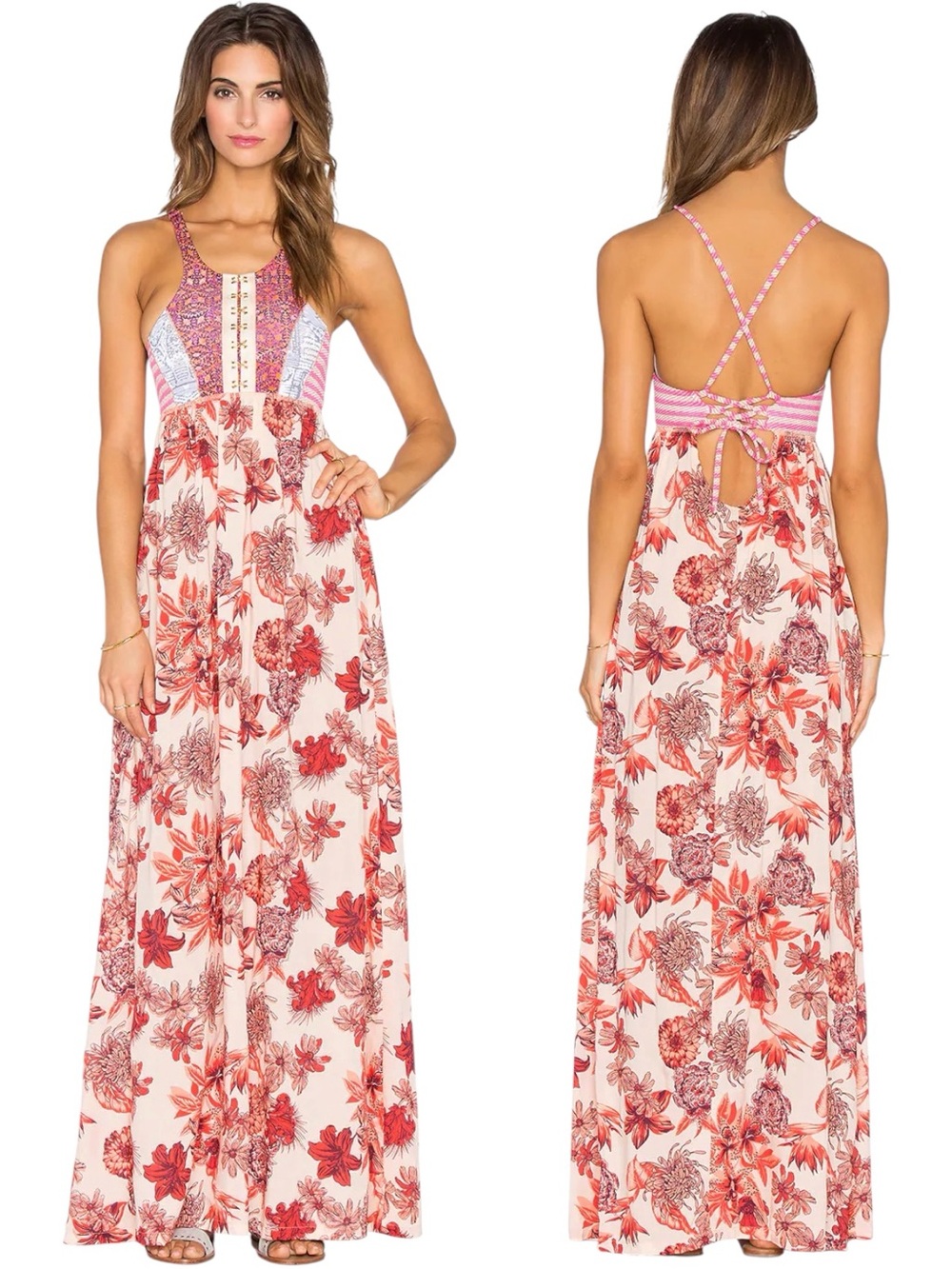 Maaji Forever Red Floral Maxi Dress Medium Boho Open Back